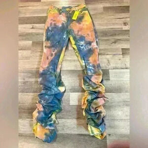 Tye Dye Multicolor Stacked Ruched Hem Skinny Denim Jeans S 1X